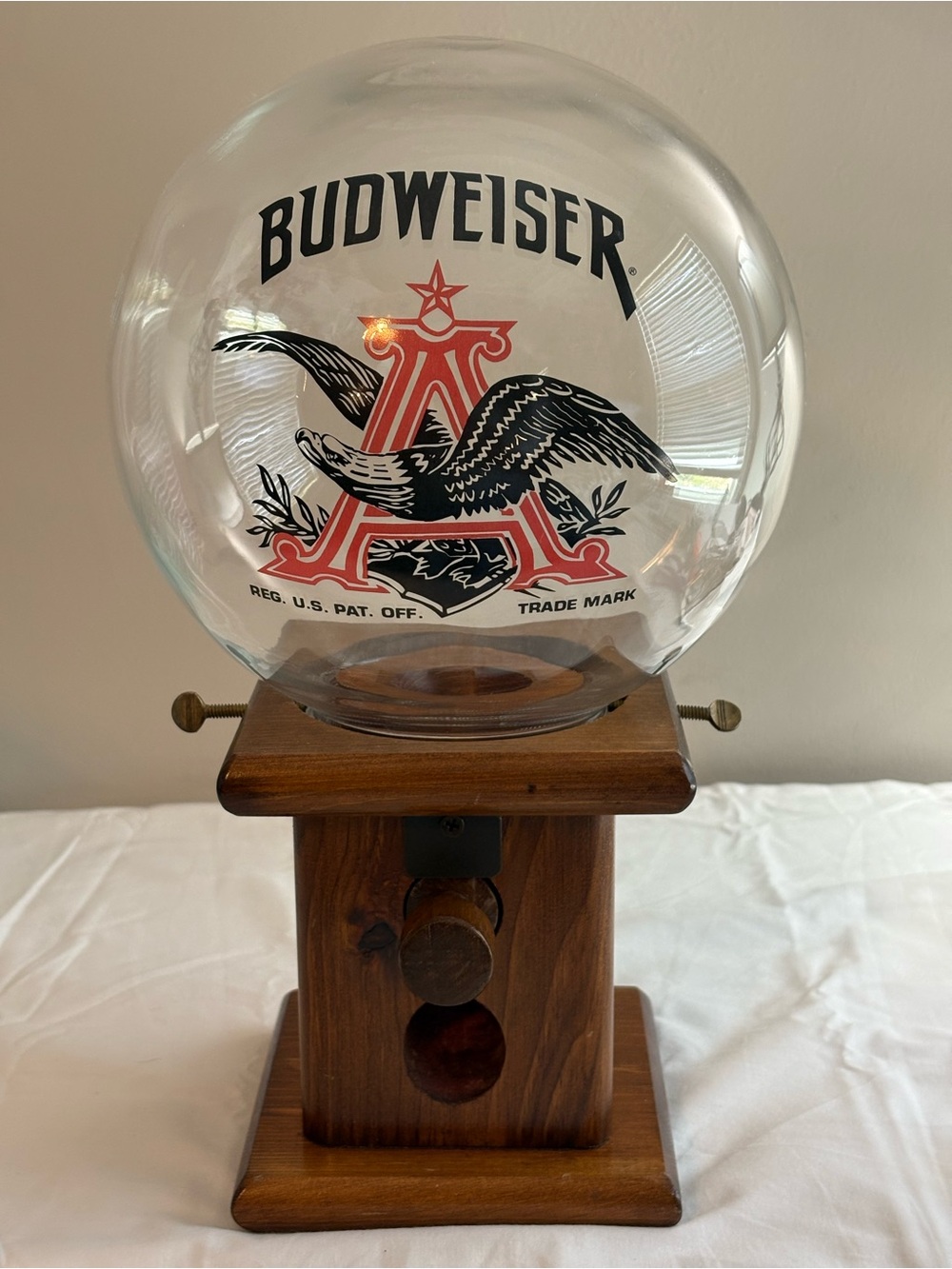Vintage Budweiser Glass Globe Wood Base Candy, Gum Ball, Nut Dispenser